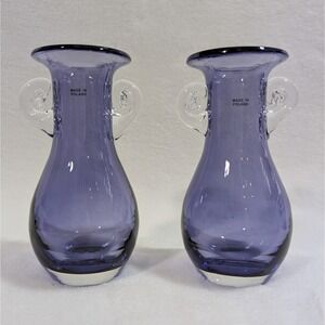 Pair Vintage Amethyst Hand Blown Glass Vases Poland Applied Handles Set Of 2 EUC